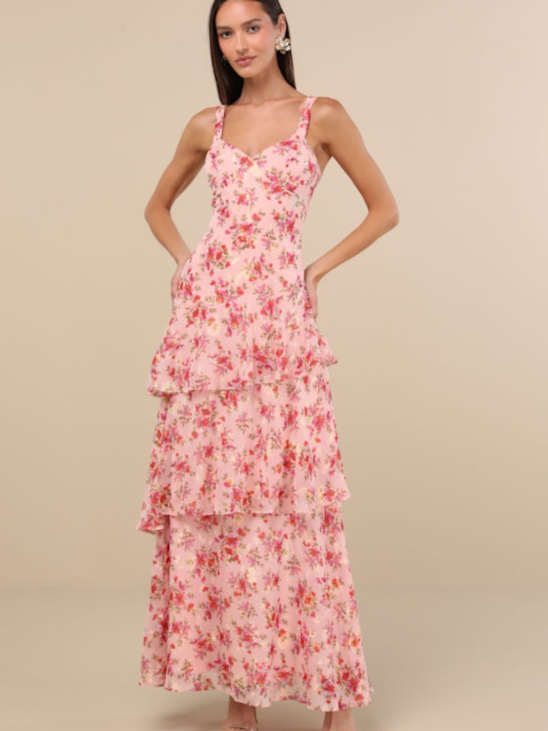 Lulus Laurette Pink Floral Tiered Sleeveless Maxi Dress - Size Xl